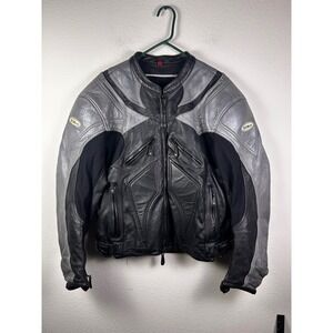 First Racing Mens XL Leather Motorcycle Jacket Black Silver Padded Armor Biker